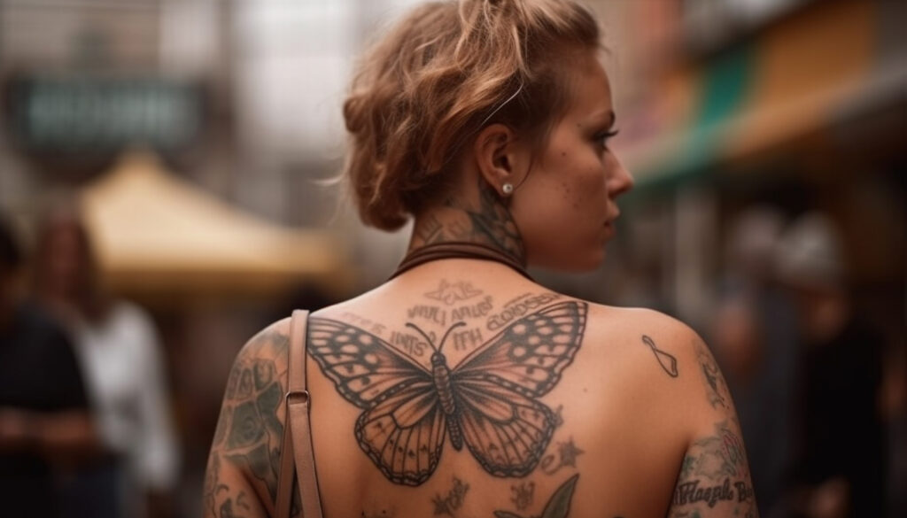 Woman's back with a baddie women's feminine spine tattoo featuring floral designs along the spine, showcasing strength and beauty