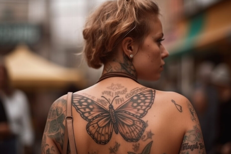 Woman's back with a baddie women's feminine spine tattoo featuring floral designs along the spine, showcasing strength and beauty.